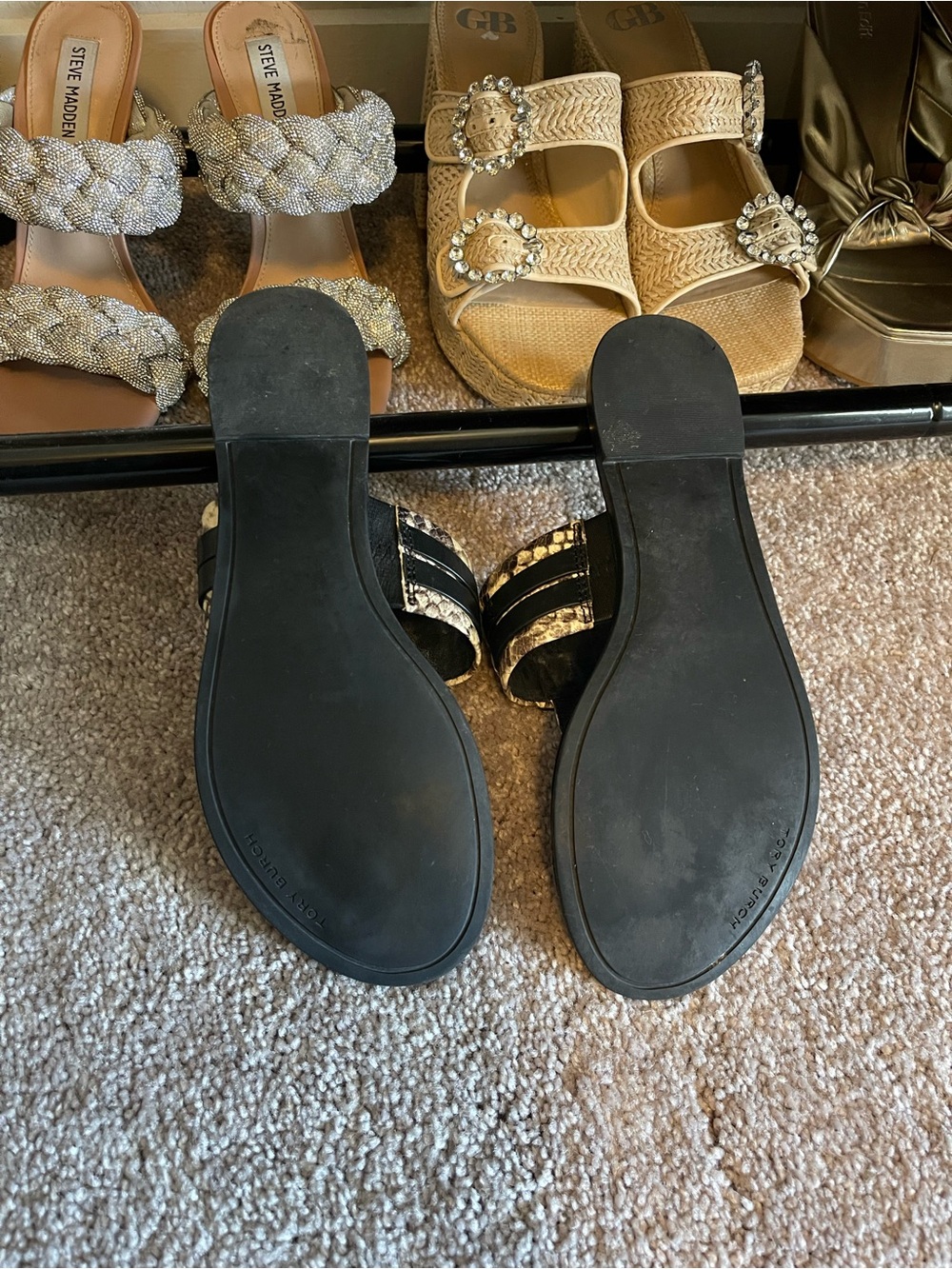 Tory Burch Black & Snake-Print Slide Thong Sandal - Picture 4 of 4